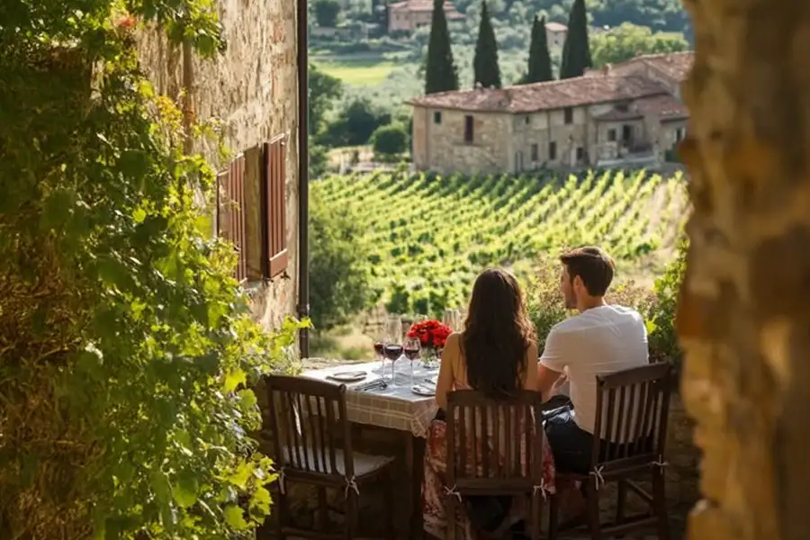Casal sentado à mesa ao ar livre, apreciando taças de vinho tinto com vista para vinhedos e construções rústicas na paisagem rural da Toscana.