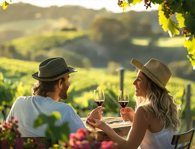 Casal sentado ao ar livre brindando com taças de vinho tinto, rodeado por flores e vinhedos sob a luz suave do fim de tarde na Toscana.