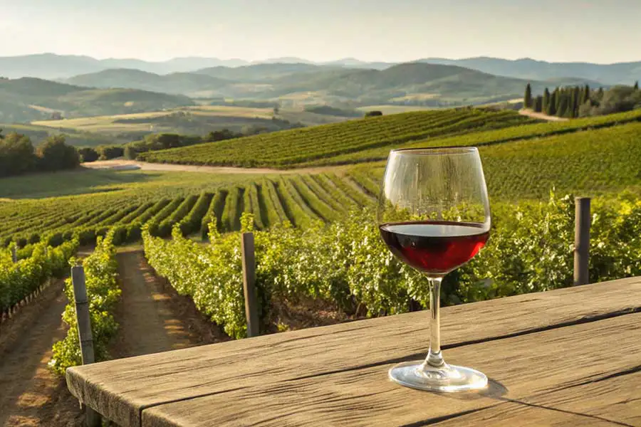 Taça de vinho tinto sobre uma mesa de madeira em frente a uma plantação de uvas na Toscana, com fileiras de videiras se estendendo pelas colinas ao fundo sob a luz do pôr do sol.