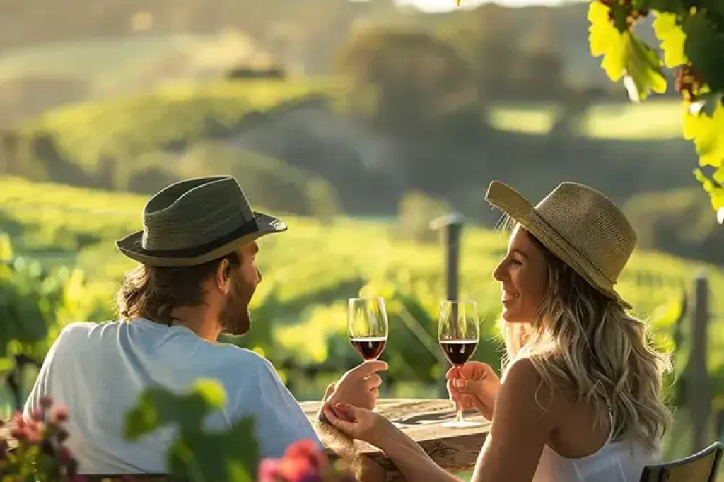 Casal sentado ao ar livre brindando com taças de vinho tinto, rodeado por flores e vinhedos sob a luz suave do fim de tarde na Toscana.